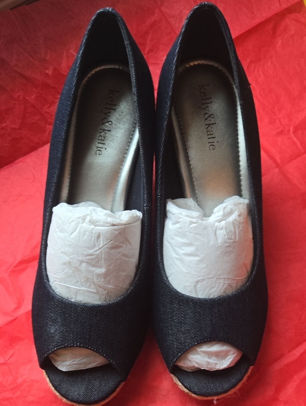 Kelly & Katie Denim Peep-Toe Wedge Cork Heels